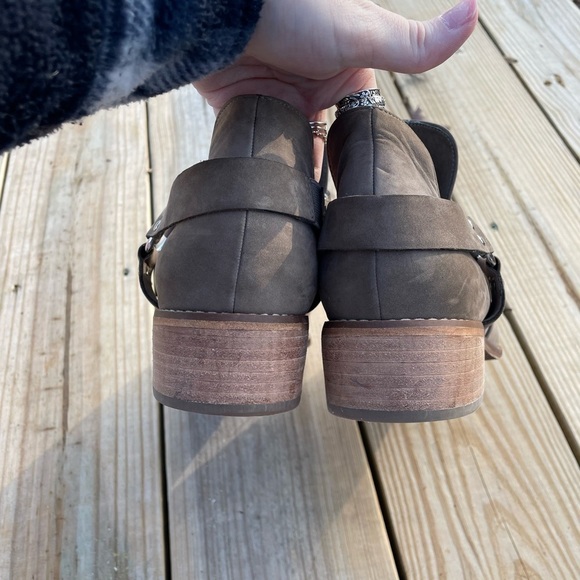 BP Genuine Leather Nude Buckle Detail Stacked Heel Moto Ankle Booties - Picture 9 of 14